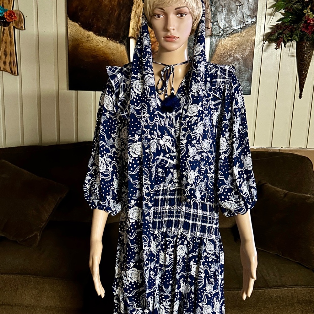 Diane Freis ~ Large ~ Vintage ~ Blue/White • Floral W/ Ruffles & Tie Boho Dress - Picture 5 of 16